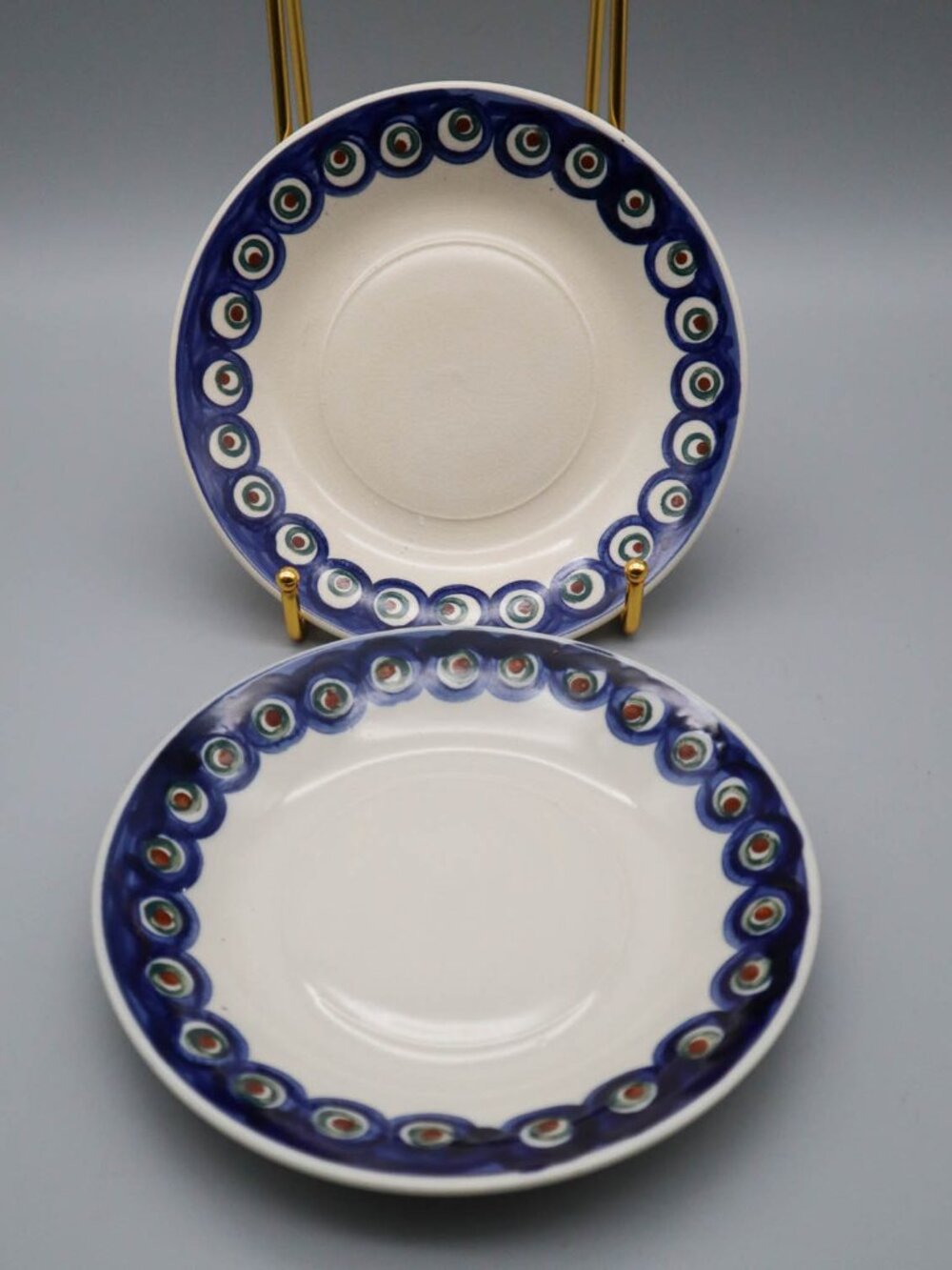 2 Vintage Bolslaweic Polish Pottery Saucers Side Plates Peacock Pattern 6 1/2"
